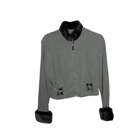 Joseph Ribkoff Cropped Grey Zipper Jacket with Faux Fur On Wrists and Neckline